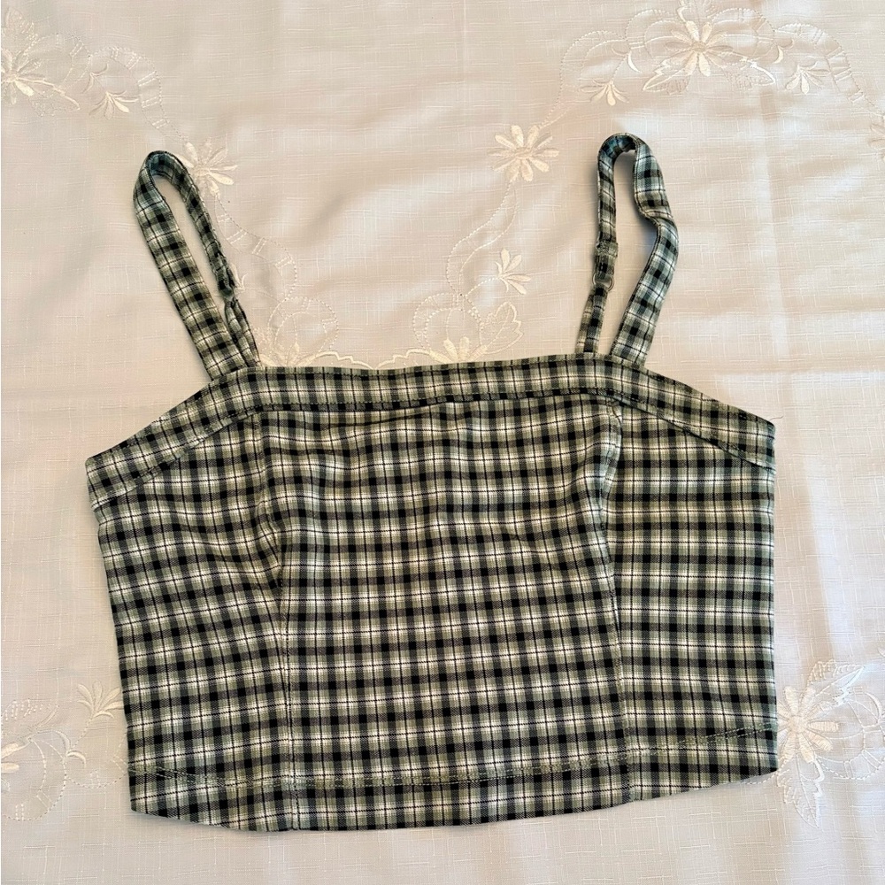 Hollister Green, Black and White Plaid Cropped Tank Top
